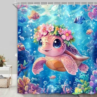 Imagem de Cortina de chuveiro de tartaruga marinha, desenho animado azul-petróleo oceano rosa tartaruga flor peixe tropical animal subaquático, tecido impermeável, lavável na máquina, decoração de banheiro 180