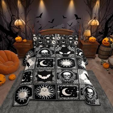 Imagem de Manfei Conjunto de edredom de Halloween, tamanho casal, caveira fantasma, morcego, corvo, 3 peças, desenho animado patchwork, preto para todas as estações, decoração de quarto de crianças, meninos e