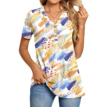 Imagem de Túnica BISHUIGE feminina Henley com botões e decote em V casual 3GG