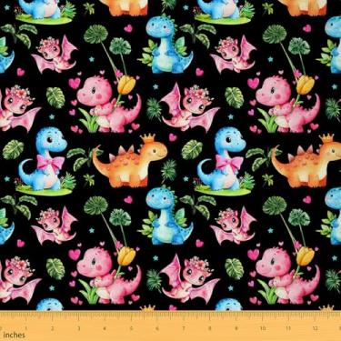 Imagem de jejeloiu Tecido de dinossauro por The Yard 1 jarda Kids 3D Dino Print Tecido estofado para cadeiras para meninos meninas adolescentes terra preto impermeável tecido externo