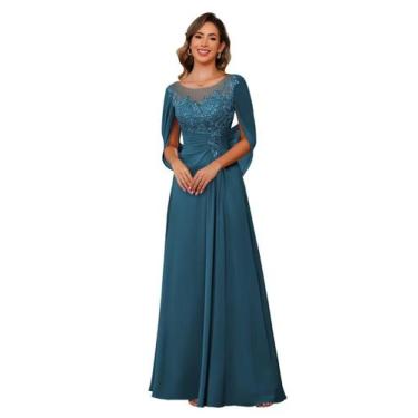 Imagem de Vestido RUMUGUYA, Mãe da Noiva, apliques de renda, chiffon azul-petról
