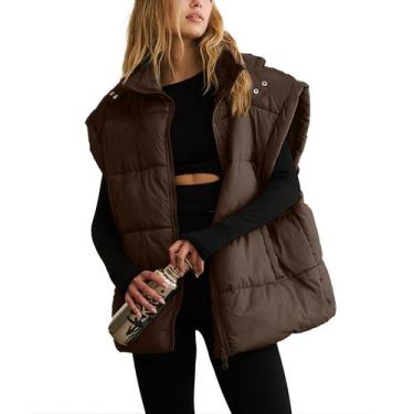 Imagem de Colete acolchoado feminino Shiyifa, café leve com capuz, tamanho L