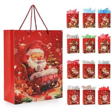 Imagem de Rusikia 12 sacos de presente de Natal com 12 lenços e 1 fita de cetim, sacos vermelhos de lembrancinha de festa a granel com alças, bolas de árvore fofas brilhantes para o pai, saco de papel de Natal