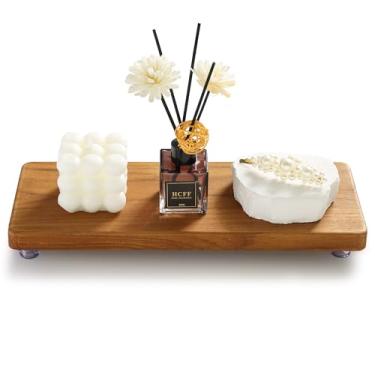 Imagem de SINOKF Suporte e bandeja de madeira de teca maciça de 32 x 12,7 cm - Organizador de fazenda com base antiderrapante | Bandeja rústica de banheiro e cozinha para bancada, decoração de pia | Suporte de