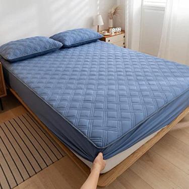 Imagem de Jogo de lençol com elástico para colchão Queen Twinpink, capa protetora de colchão acolchoado de algodão grosso lavável, capa de cama e fronha para quarto de hotel 90 x 200 cm (azul solteiro GG 120 x