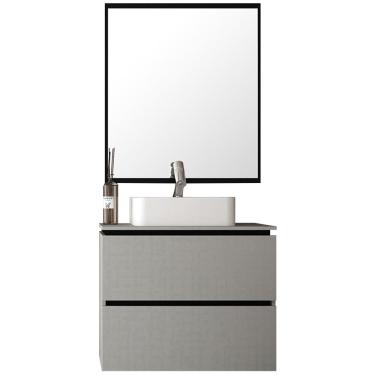 Imagem de Conjunto Banheiro Gabinete 80cm 3 Gavetas Cuba E Espelho Urban B06 Branco Argento Preto - Lyam Decor