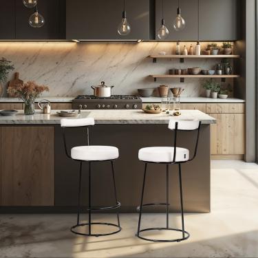 Imagem de Banqueta Alta Cozinha 70cm Encosto Industrial Aço Kit 2 Ziria Pu Off White S02 - D'Rossi