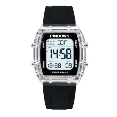 Imagem de PINDOWS Relógio esportivo digital feminino, caixa transparente transparente, luz LED brilhante, resistente à água de 5 ATM, cronômetro, alarme de tempo duplo, relógio elegante para mulheres e