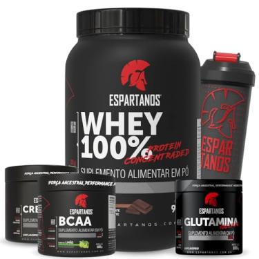 Imagem de Kit Whey Protein concentrado 100% 900g + Creatina + Glutamina + Bcaa + shaker (Grande, Chocolate)