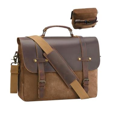 Imagem de Bolsa mensageiro masculina lona encerada pasta para laptop 40.6 cm vintage couro genuíno bolsa tiracolo bolsa de ombro à prova d'água, Café, Large