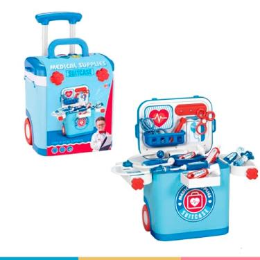 Imagem de Maleta Médica Infantil com Rodinhas, Brinquedo com Luz e Som, Kit Médico com Acessórios, Azul e Vermelho