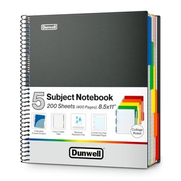 Imagem de Dunwell Caderno de 5 matérias, pautado para faculdade, divisórias de bolso móveis coloridas com abas, capas de plástico frontal/traseiras, 200 folhas (400 páginas) de papel perfurado de 3 furos 21 x