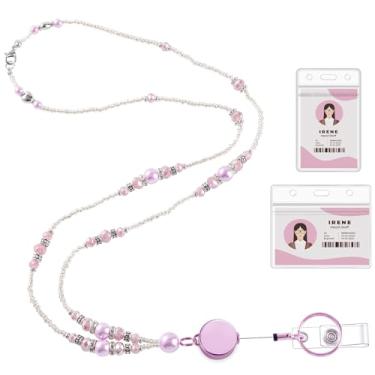 Imagem de Cordão de professor para crachás de identificação e chaves, cordão de crachá com contas com carretel retrátil, colar de pérolas, cordões bonitos para mulheres (rosa)