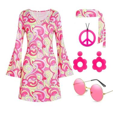 Imagem de TopTok Fantasia feminina hippie dos anos 60, 70, estilo 1970, roupas, vestido, sinal da paz, acessórios, joias, dia das bruxas (rosa, grande)