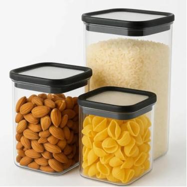 Imagem de Conjunto 3 Potes Herméticos de Plástico Transparente com Tampa Preta – 500ml, 1000ml e 1700ml – Livre de BPA, Vedação em Silicone, Empilhável, Uso em Freezer e Micro-ondas