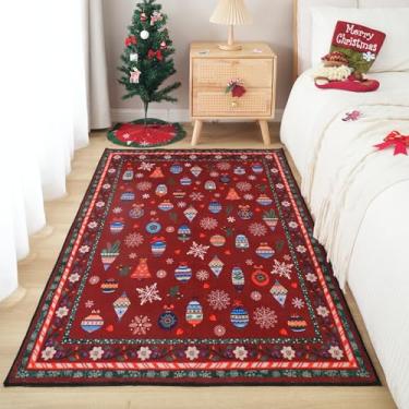 Imagem de Tapete vermelho de Natal Rugcomf 90 x 150 cm, lavável, antiderrapante, fino, para quarto, beira de cama, quarto de criança, escritório, cozinha, entrada (vermelho com floco de neve, Natal)