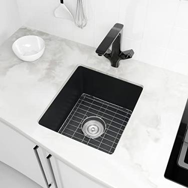 Imagem de MILOSEN Pia de preparação inferior, tigela única de granito de quartzo preto, 40,6 x 45,7 cm