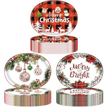 Imagem de Glazeal Pratos ovais de papel de Natal com 75 unidades, 3 padrões, 25,4 cm x 31,8 cm, grandes pratos descartáveis para jantar de Natal, sobremesa, salada, aperitivo, biscoitos