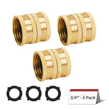 Imagem de Adaptador de mangueira de jardim de latão sólido resistente de 3/10.2 cm - Pacote com 3 conectores de mangueira fêmea para fêmea sem vazamento com 2 arruelas de borracha extra para torneiras e