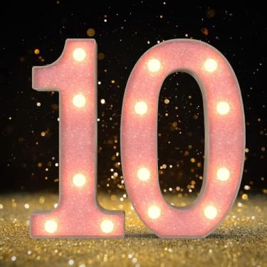 Imagem de Números para letreiros, números iluminados por LED, decorações de aniversário rosa, decorações de festa rosa, luzes numéricas para aniversário, decoração de chá de casamento, número 10