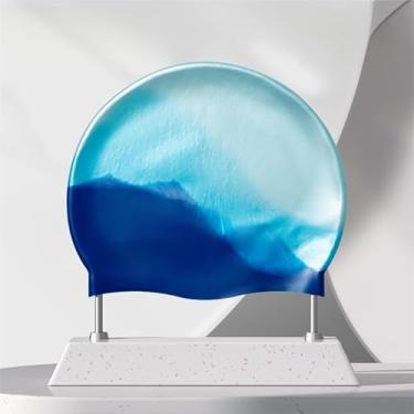 Imagem de Touca de natação universal de silicone para homens e mulheres, adolescentes disponíveis, mantém o cabelo seco, fácil de colocar e tirar (azul)