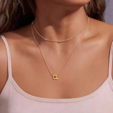 Imagem de Colar com pingente de inicial personalizado com iniciais a-z, corrente de camada dupla, comprimento ajustável de 36 + 40 + 5 cm, minimalista para mulheres, 14+2in/16+2in, Aço inoxidável, Sem Pedra