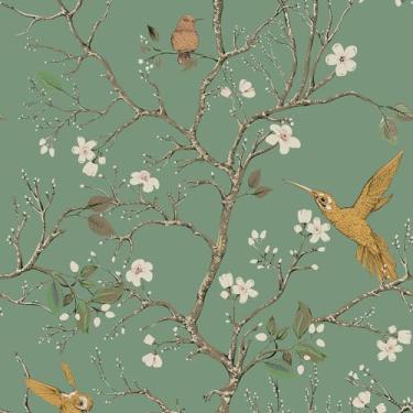 Imagem de VaryPaper Papel de parede floral verde de 43 x 39 cm, papel de parede de beija-flor verde para quarto, banheiro, pássaros, removível, papel de contato floral para armários, mural de parede autoadesivo
