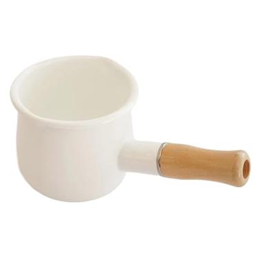 Imagem de JWTIFOA Panela de leite esmaltada, aquecedor de manteiga de 500 ml, panela pequena com bicos, panela de derretimento de manteiga, cabo de madeira, branco