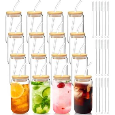 Imagem de Copos de vidro com tampas e canudos, conjunto de copos de café gelado de 473 – 473 ml para festas de fim de ano, reuniões de família e hospedagem diária – Copos prontos para presente para Natal, Ano
