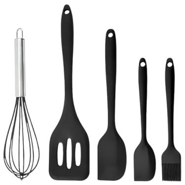 Imagem de Kit 5 Utensílios de Cozinha em Silicone com Fuê Espátulas Pincel Colher e Batedor Resistente ao Calor (Preto)