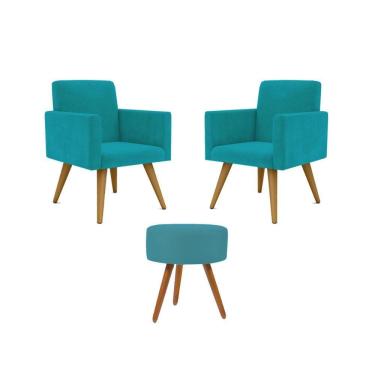 Imagem de Kit 2 Poltronas Decorativa Consultorio Nina Com Puff Balaqui Azul Turquesa