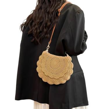 Imagem de Suillty Bolsa feminina vazada de tecido de palha pequena bolsa transversal redonda bolsa mensageiro verão praia bolsa mensageiro, Cáqui, One Size