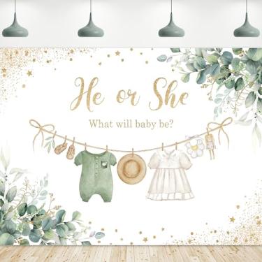 Imagem de Riyidecor Pano de fundo verde revelador de gênero tecido de poliéster He or She What Will Baby Be 20 x 18 cm Boho aquarela pontos dourados folhas de eucalipto sálvia fundo fotográfico chá de bebê foto