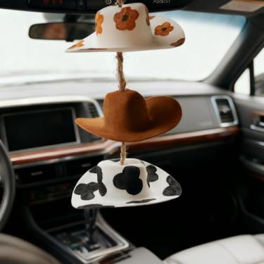 Imagem de Chapéu de vaqueira girassol com pingente de carro - chapéu de caubói decoração de espelho retrovisor, mini chapéu com estampa de vaca para mulheres