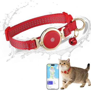 Imagem de À prova d'água para gatos funciona com Apple Find My (apenas iOS), coleiras leves para gatinhos, rastreador GPS oculto para gatos, gatinhos (23-33 cm), coleira de gato com linha reflexiva (vermelha)
