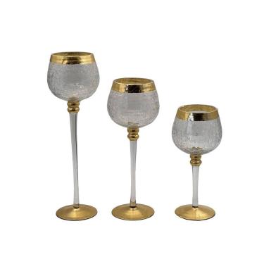 Imagem de Jogo 3 Castiçais Para Natal Vidro Gold Craquelada 20/25/30Cm