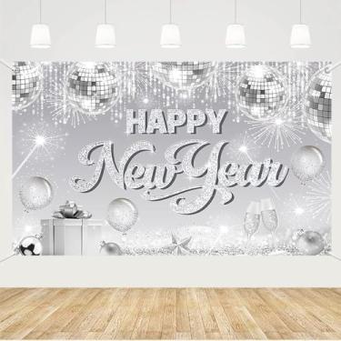 Imagem de MEHOFOND Pano de fundo prateado de feliz ano novo, faixa Disco Firework Cheer to 2026, faixa Time to 2026 New Year Eve, Glitte Silver Dripping Dots Party Decor Cake Smash Photo Props, 180 x 110 cm