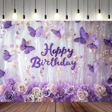 Imagem de Faixa de fundo de aniversário com flores de rosas de borboleta roxa para princesas, meninas, mulheres, decorações de feliz aniversário, 15, 16, 18, 21, 30 anos, chá de bebê, decoração de mesa (B, 2,1