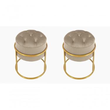 Imagem de Kit 2 Puff Banqueta Estofado Decorativo Base De Ferro Capitonê Suede Bege Eli Móveis E Decoração