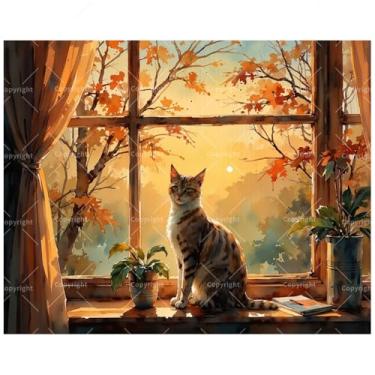 Imagem de TAOPAOLAB Kit de pintura de gato fofo por números para adultos - DIY gato sentado à janela no outono, pintura em tela, 40,6 x 50,8 cm, conjunto de tinta acrílica, adequado para iniciantes, arte
