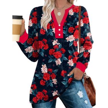 Imagem de Blusa túnica LUYAA feminina de manga comprida com decote em V com botõ