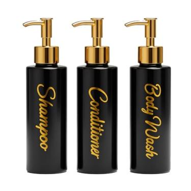 Imagem de uMadeUs Dispensador de xampu e condicionador – Garrafas essenciais de higiene – Shampoo recarregável para chuveiro e sabonete líquido, Preto todo dourado 2 redondo, Medium, Moderna
