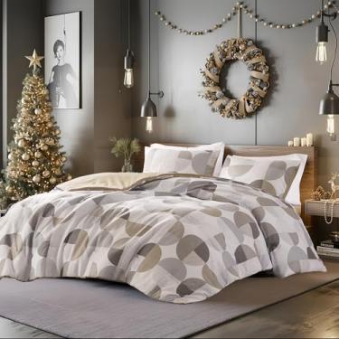 Imagem de Regency Heights Conjunto de edredom Queen estampado em três tons, 3 peças, microfibra ultramacia, quente e aconchegante para todas as estações, bege e cinza