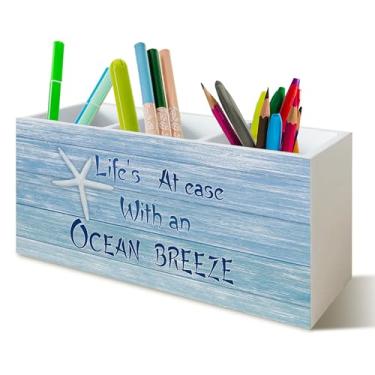 Imagem de YTRGI Porta-lápis de praia costeiro para escola, mesa de escritório em casa, decoração de praia, suporte de lápis de madeira, organizador de sinalização para acessórios de mesa de escritório em casa