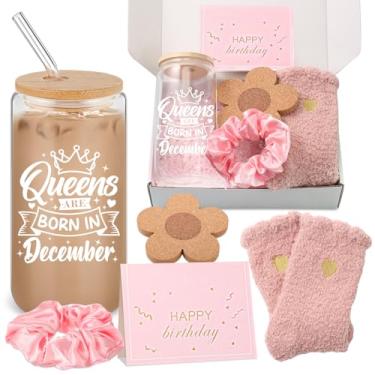 Imagem de Yetene 5 conjuntos de presentes de aniversário para mulheres, incluindo copo de vidro, porta-copos floral, meias, gravata de cabelo rosa e cartão de presente temático de aniversário para ela, esposa