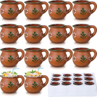 Imagem de Gejoy Pacote de 12 peças de canecas mexicanas de argila de terracota mexicana de 85 g Cantaritos de Barro com alças feitas artesanalmente canecas de café copos de chá para tequila, margaritas