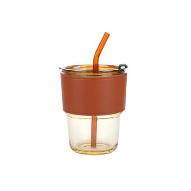 Imagem de inbvyoo Copo de vidro reutilizável de 400 ml com canudo e manga de couro - livre de BPA, à prova de vazamento, copo de viagem durável com tampa - ideal para café gelado, chá, suco, leite - várias