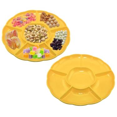 Imagem de CAOXIAOXUYAO Bandejas redondas de plástico de 30,5 cm com 2 unidades, 6 pratos secionais para servir pratos de comida para doces, nozes, vegetais, frutas, ação de graças (2, amarelo)