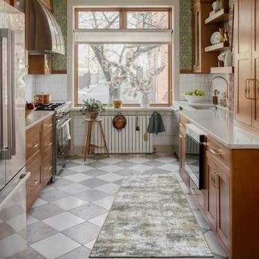 Imagem de WILLSUN Tapetes de área laváveis, tapetes antiderrapantes boho de 5 x 15 cm para cozinha, sala de estar, quarto, tapete vintage lavável à máquina, tapete com estampa floral interna para decoração de