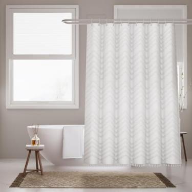 Imagem de Inhousolu Cortina de chuveiro de tecido boêmio, borla listrada chevron texturizada tufada, pano minimalista de casa de fazenda moderna, cortina de banho lavável repelente à água para banheiro, hotel